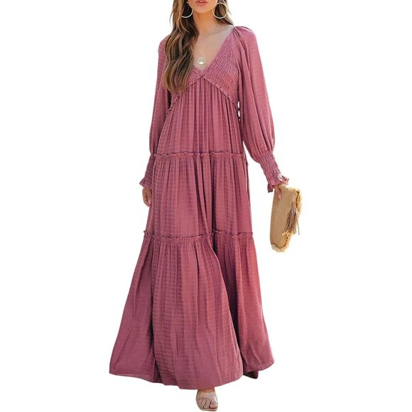 Elegant Long Sleeve Maxi Dress with Empire Waist and Ruffled Hem for Women - Picture 1 of 6